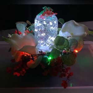 CHRISTMAS FAUX FLORAL WREATH ARRANGEMENT W/ RED/GREEN/WHITE LIGHTS/HANDMADE